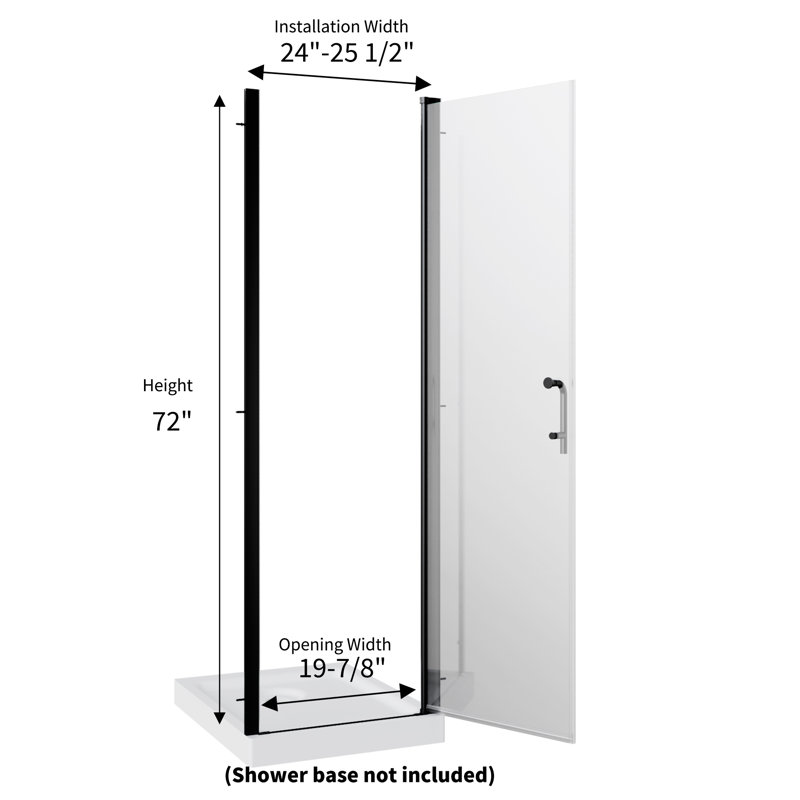 Porte de douche en verre pivotante sans cadre de l 24 à 26 po x H 72 po avec verre certifié, 24"W x 72"H, Noir