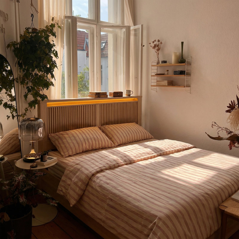  Fluted Panel Platform Bed with Storage, LED Lights & USB Charging - Wooden Beds & Frames,Full/Oak, Full, Oak
