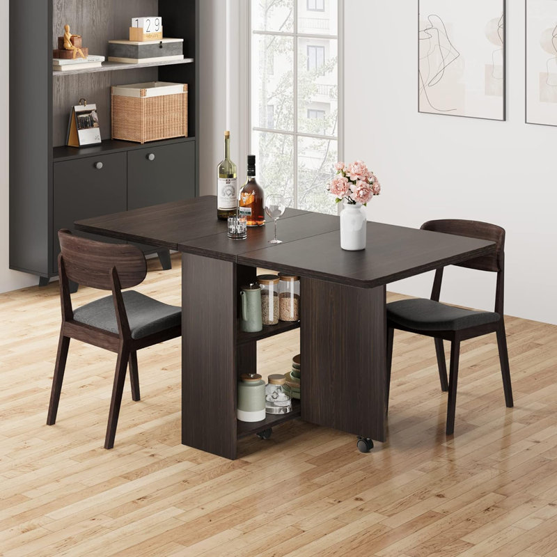 Folding Dining Table, Drop Leaf Dining Table With 6 Wheels And 2-Layer Storage Shelf, Tan