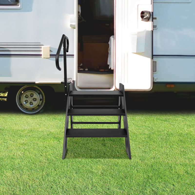 3-Step/4-Step Modern Black Foldable RV Step Ladder With Adjustable Handrail