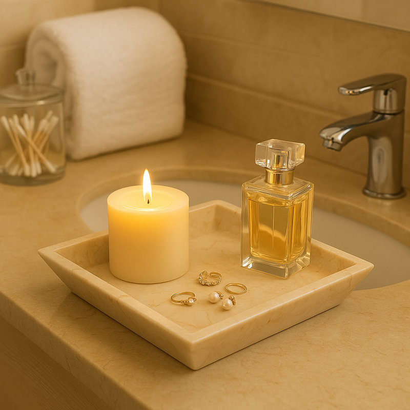 Creative Home Natural Champagne Marble Boat Shaped Candle Holder Tray Accessory Organize Tray Bathroom Countertop Organizer