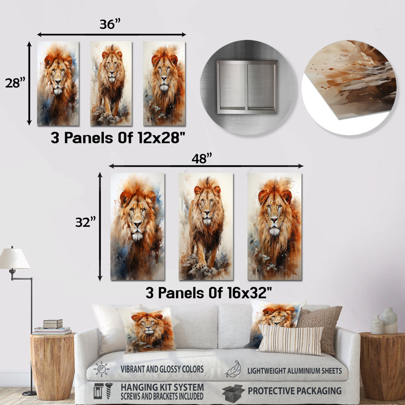 Intense Lions Gaze Realism - ensemble de 3 décorations murales en métal Lion, H 28 po x l 36 po