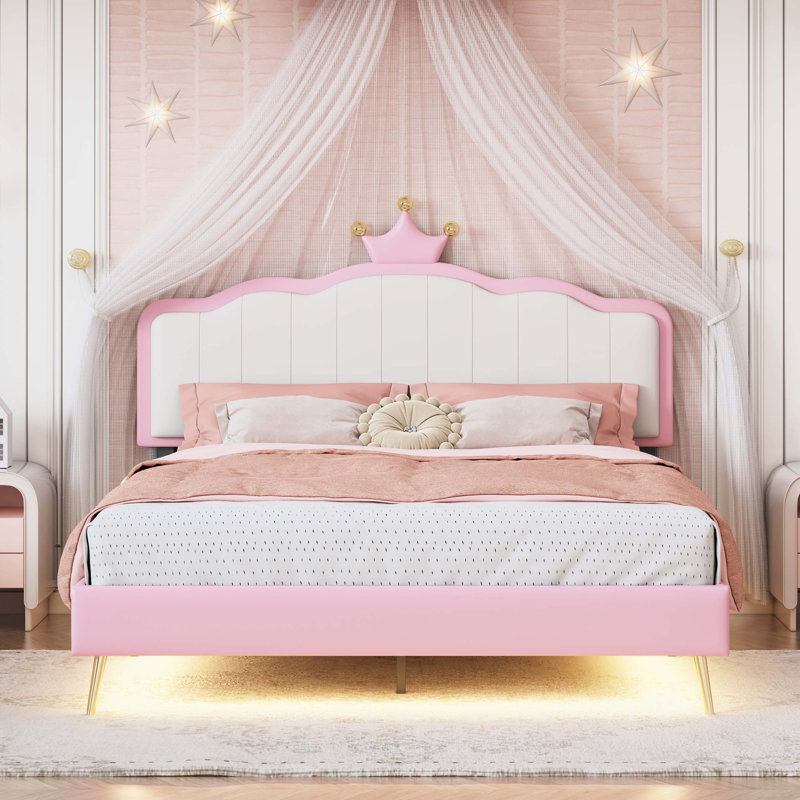 Lit plateforme tapissier avec bandes claires, Lit double
