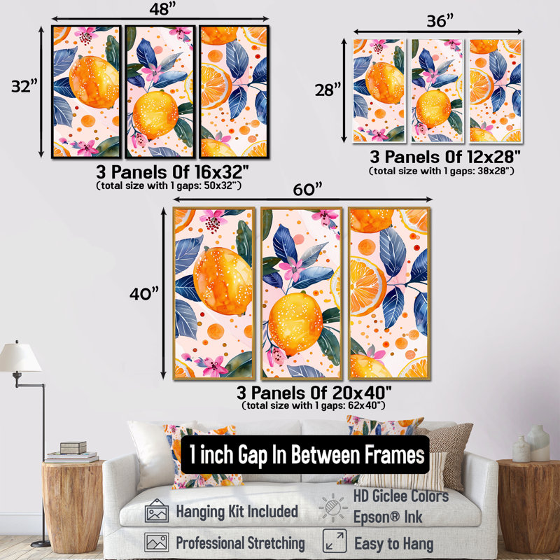 Ensemble de salon art floral jaune et rose avec arbres orange et fruits II, Cadre flottant brun, H 40 po x l 60 po