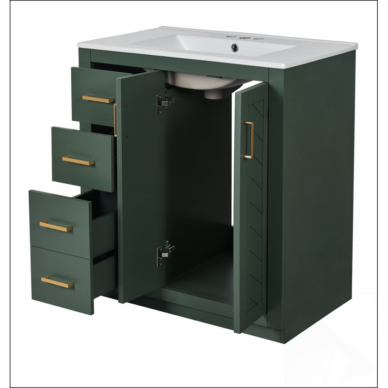 Ensemble de meuble-lavabo 30 po avec lavabo en céramique, armoire de rangement en bois massif, ensemble de meuble-lavabo autoportant avec 3 tiroirs et portes à fermeture douce