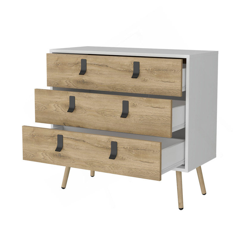 Commode 3 tiroirs blanche et macadamia, Blanc/naturel