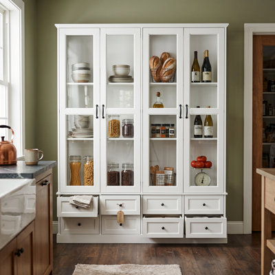 78.7"H Pantry Cabinet With 4 Glass Doors , 8 Drawers & LED Lighting