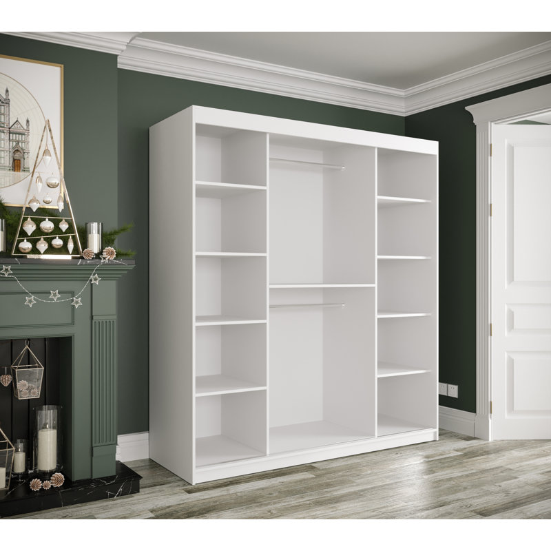 Almantas Manufactured Wood Wardrobe, 200cm H x 180cm W x 62cm D, White Matt/White Marble