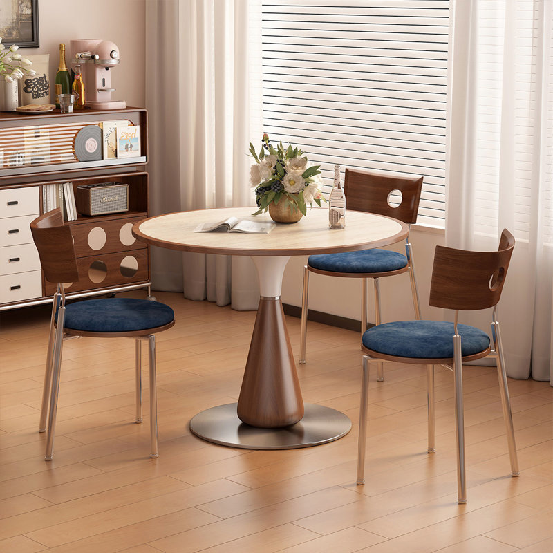 Beige + cristal-crème + brun + pierre frittée ronde argentée + bois massif + table de salle à manger en acier inoxydable