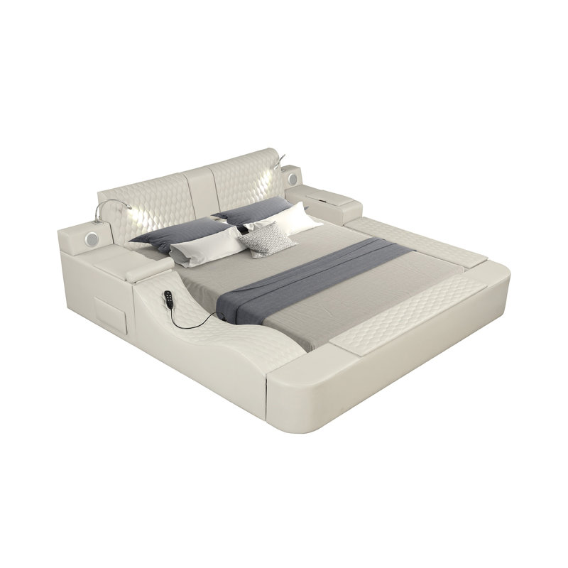 Lit masseur multifonctionnel intelligent fabriqué en bois et similicuir beige, Très grand lit, Beige