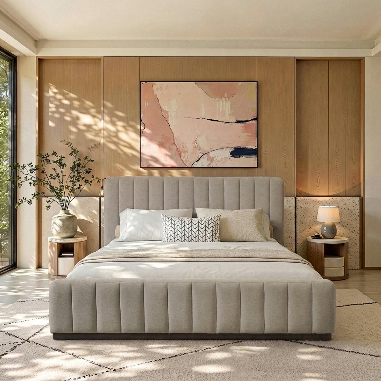 Upholstered Panel Bed, King, Gray