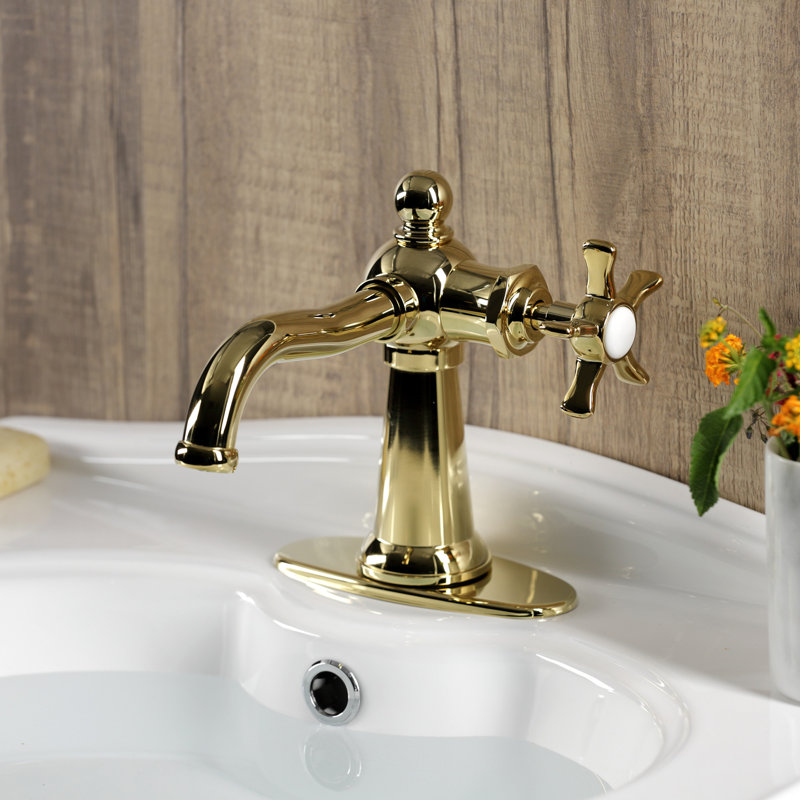 Robinet de salle de bain à un trou avec drain, Laiton poli, Croix