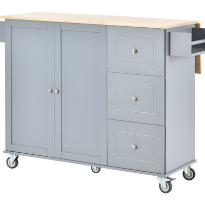 Rolling Kitchen Island With Solid Wood Countertop, Locking Wheels & Storage Facilities  Grey Blue Multifunctional In Grey Platform, Compartments