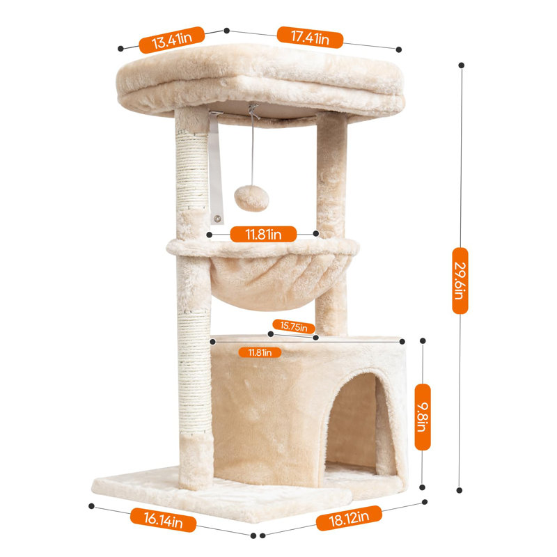 Arbre à chat pour chats d'intérieur, tour pour chat avec poteau à griffer, maison pour chat moderne avec perchoir rembourré, maisonnette pour chatons avec berceau, beige