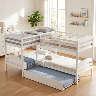 Solid Wood Twin L-Shaped Bunk Bed For 5,Can Be Divided Into Two L-Shaped Beds,With Trundle，Easy To Assembly,No Spring Box Needed