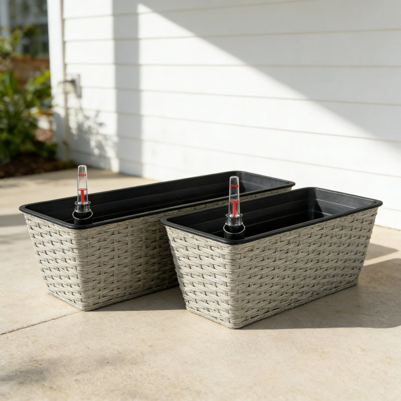2-Pack Smart Self-watering Rectangle Planter for Indoor and Outdoor - Hand Woven Wicker, Gray