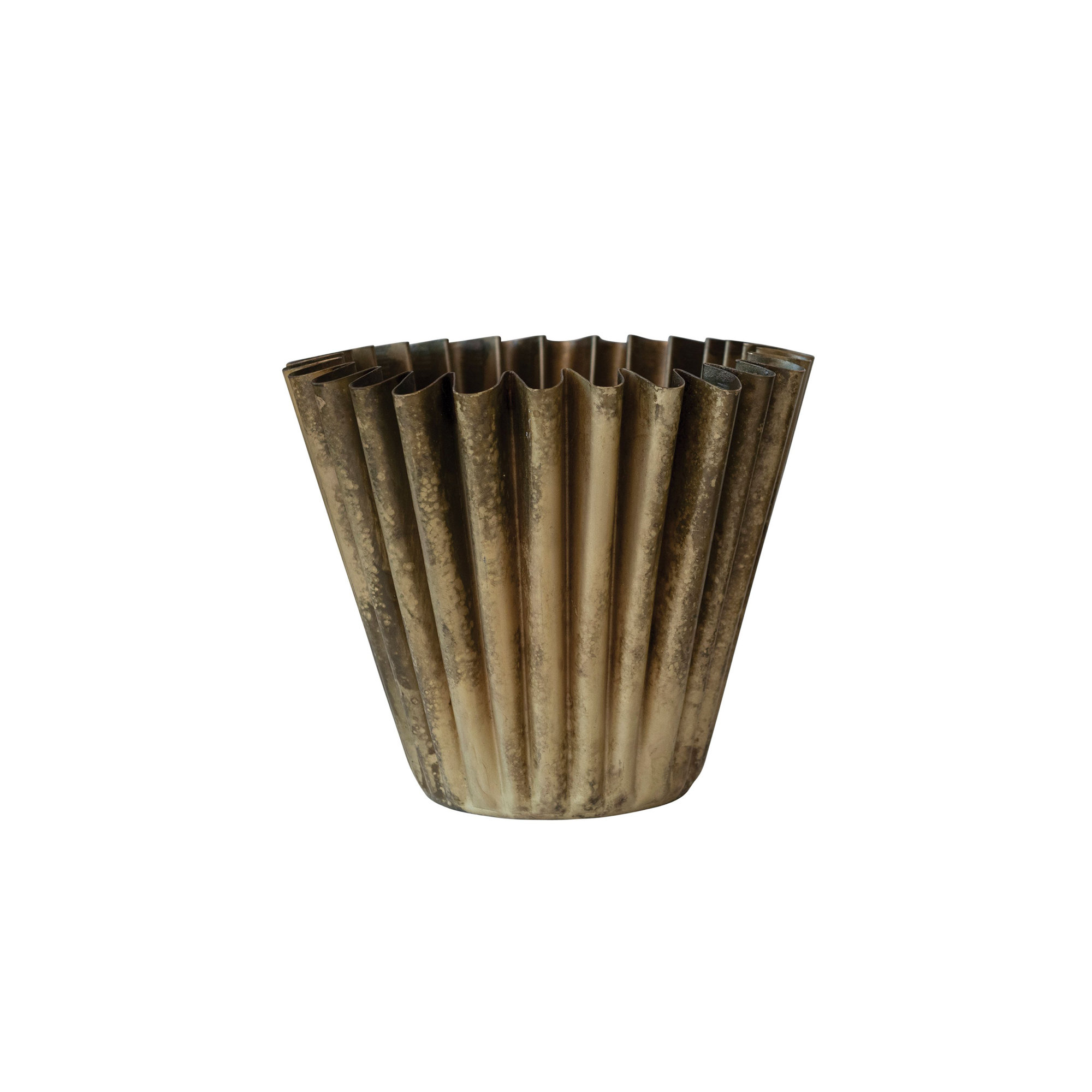 Aelia Fluted Metal Vase with Distressed Finish, Antique Brass, 6.75" H x 8" W x 8" D, 1 piece