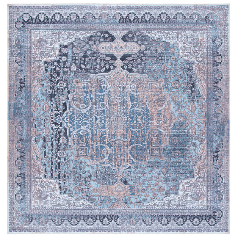 Tapis d'intérieur ivoire / bleu clair Hallel, Carré 6 pi 7 po