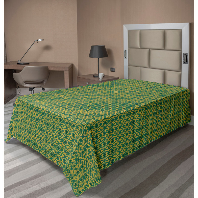 Drap plat moderne de style bohème Ambesonne, Drap plat pour lit simple, Vert jade / motif géométrique jaune terre