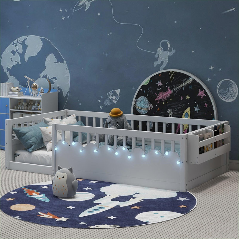 Cadre de lit de plancher pour enfants avec lit simple et rangement surélevé à DEL Montessori