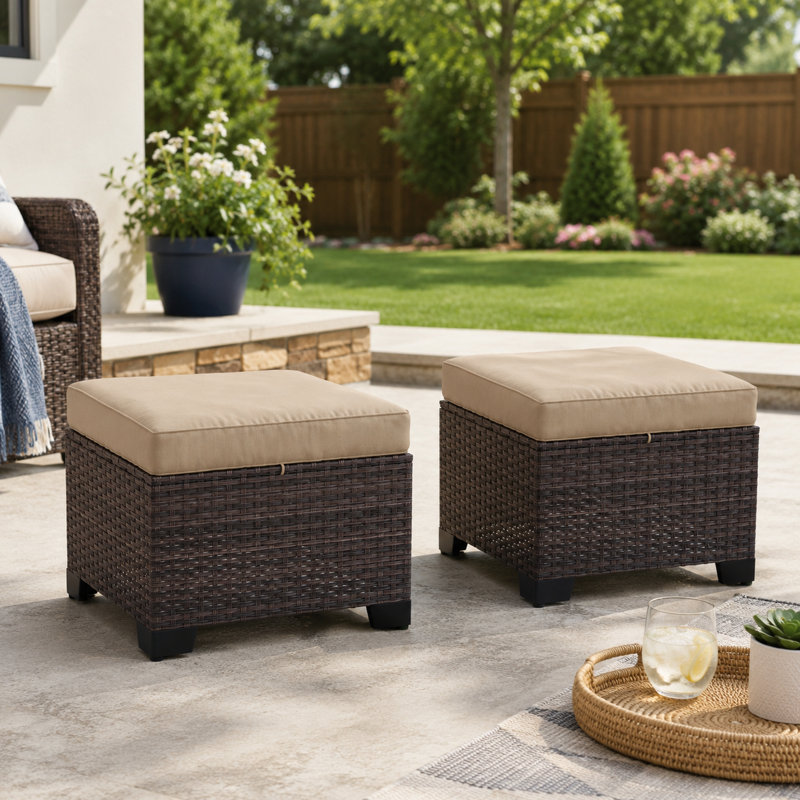 Ensemble de 2 repose-pieds d'extérieur en osier avec coussins 21,5 "avec coussins réglables, Tan