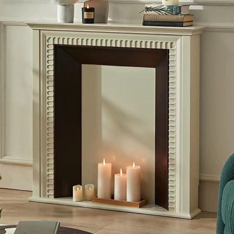 Beige + Walnut Solid Wood Freestanding Fireplace