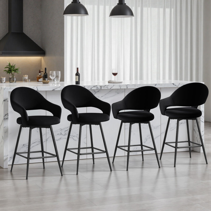 Tabouret de comptoir pivotant rembourré avec dossier incurvé et structure en métal (ensemble de 4), 4, Noir