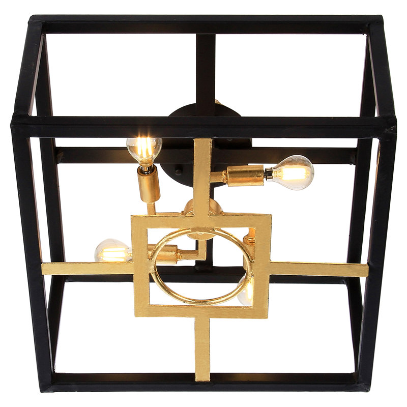 European 4 - Light 17.5" Caged Square / Rectangle Flush Mount, Gold Leaf/Flat Black, 9" H x 17.5" W x 17.5" D