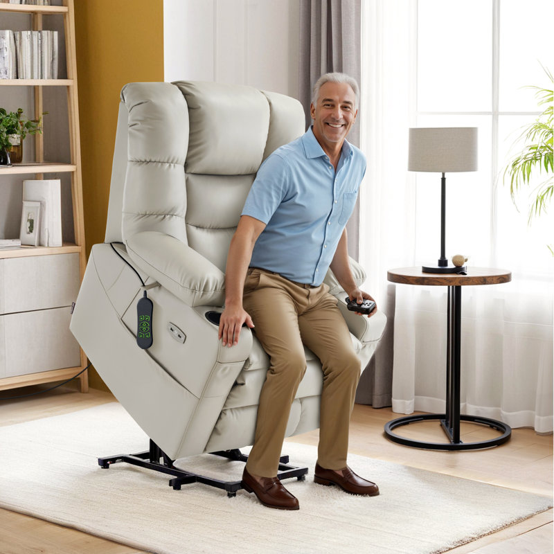 Dual Motor Power Recliner Lift Chair with Adjustable Power Headrest, Lumbar & Seat Heating, Faux Leather, Light Gray