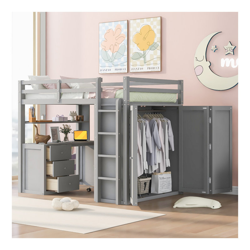 Full Size Loft Bed With Drawers,Desk,And Wardrobe-Grey