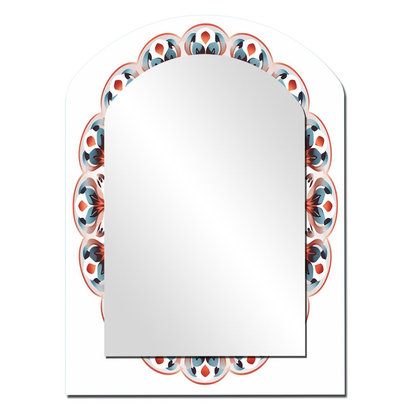 Élémentaire mandala sérénité en bleu et rouge - miroir décoratif géométrique asymétrique, miroir mural arqué moderne, impression d'art en métal