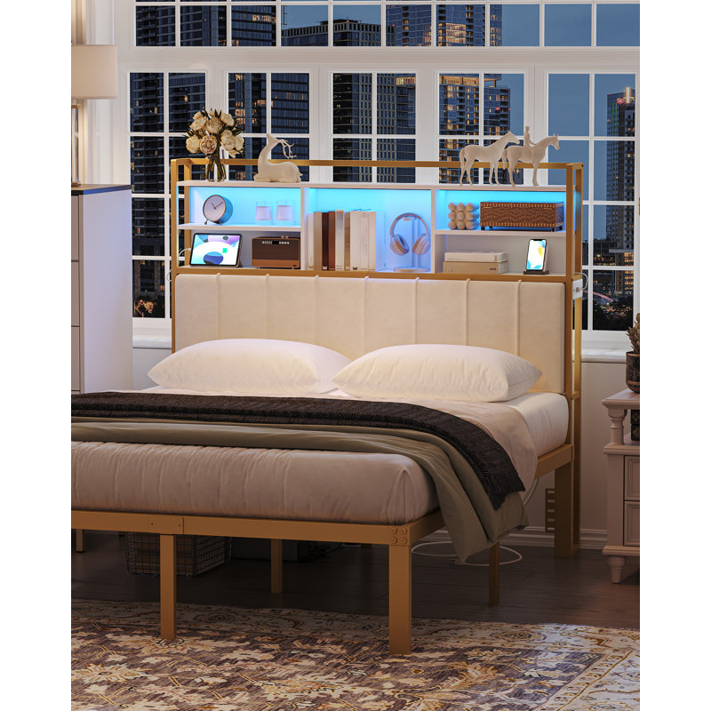 Headboard with 3-Tier Storage Shelves, Velvet Upholstered Head Board with 2 Outlets, USB Ports & LED Light, Soft Backrest for Queen Size Bed, White and Gold