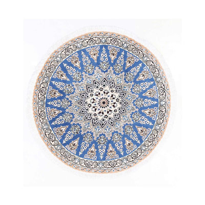 Tapis rond en laine et soie persane noué à la main de couleur bleu clair 3 pi 9 po x 3 pi 9 po