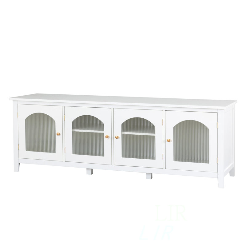 71" Antique White TV Stand Entertainment Center with Solid Wood Frame & Glass Door, Media Console for Living Room Bedroom Kids Room