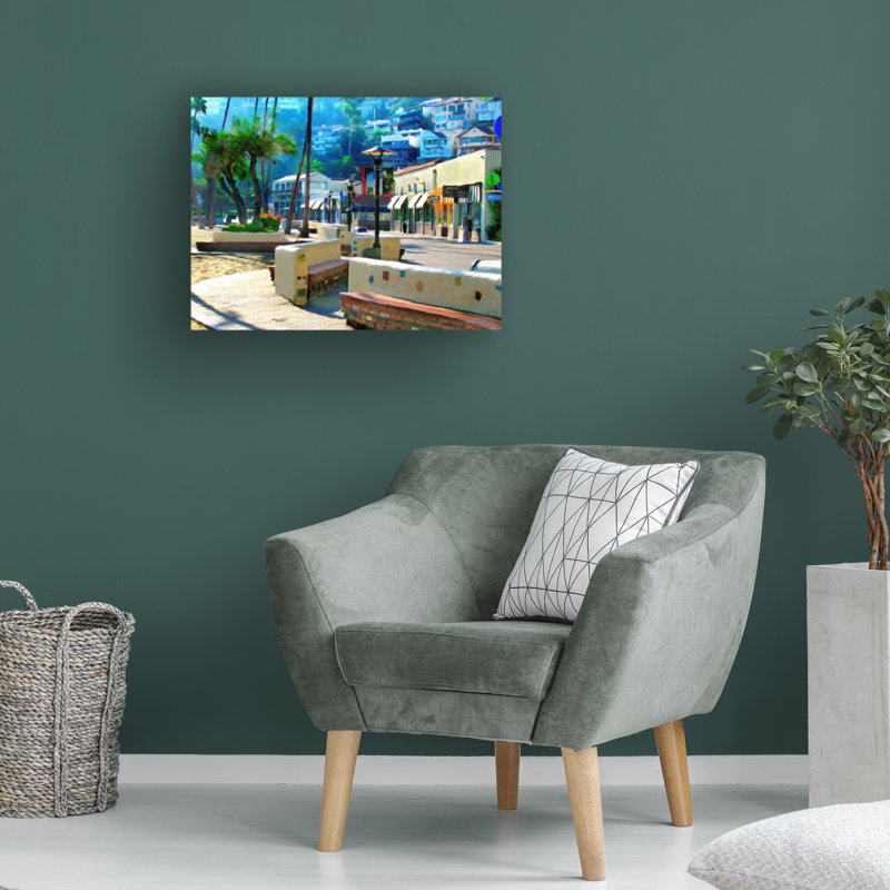 Catalina Island Street Front Landscape Canvas Print in Blue and Tan