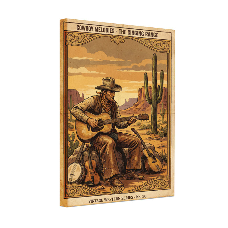 Cowboy Cowboy jouant de la guitare dans un paysage désertique, H 24 po x l 36 po, Toile tendue sur cadre, Ne s’applique pas