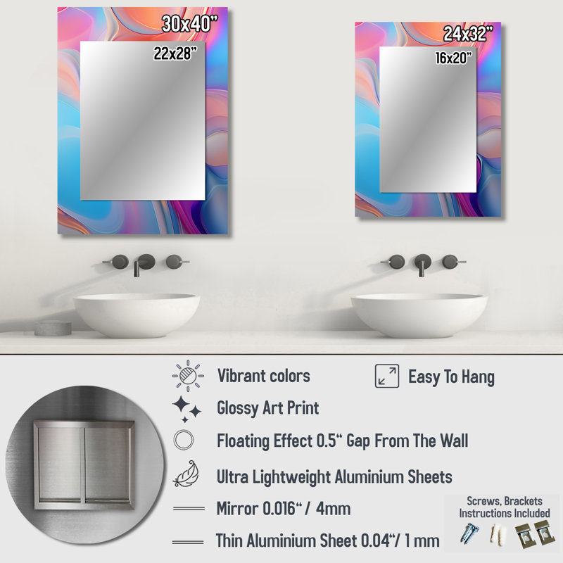 Transitional pink and blue shapes VI - Transitional Shapes Wall Mirror, Modern Decorative Mirror, Printed Metal Art