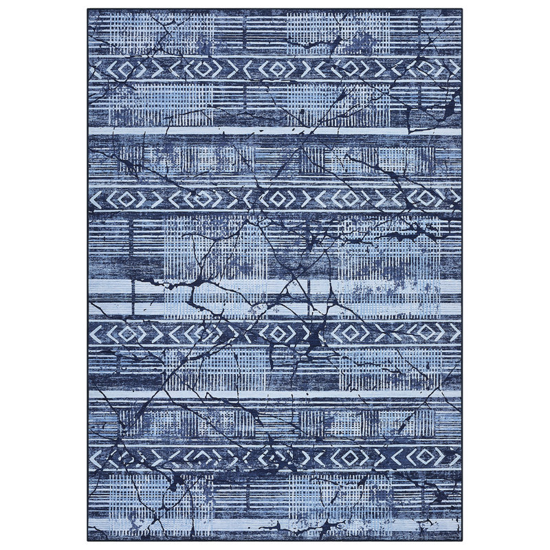 Washable Area Rug 6 x 9 Geometric Accent Carpet Non-Slip Backing Modern Marble Throw Rug Blue, Blue, Rectangle 6' x 9'