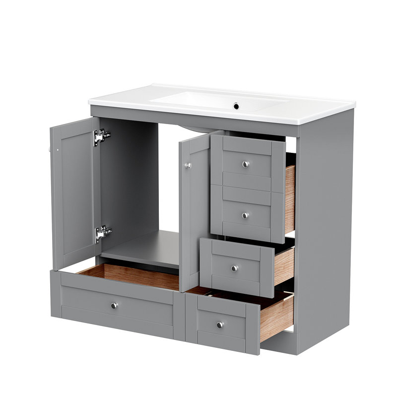 Armoire de salle de bain sur pieds 36 po avec lavabo en céramique, 4 tiroirs à fermeture en douceur et 2 portes à fermeture en douceur Shaker