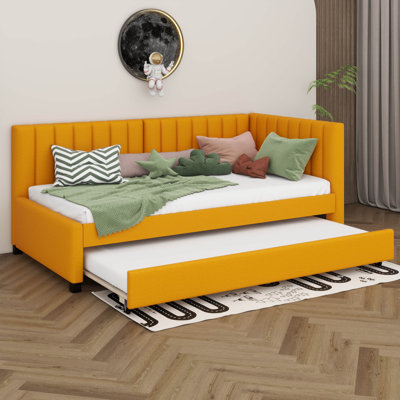 Twin Size Upholstered Daybed, Linen Fabric Sofa Bed With Trundle For Bedroom, Wood Slat Support, No Box Spring Needed