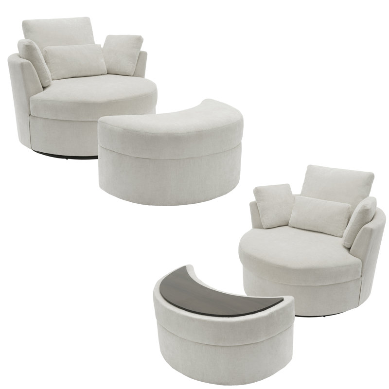 Upholstered Swivel Lounge Armchair With Storage Ottoman(Set of 2), Beige Polyester Blend