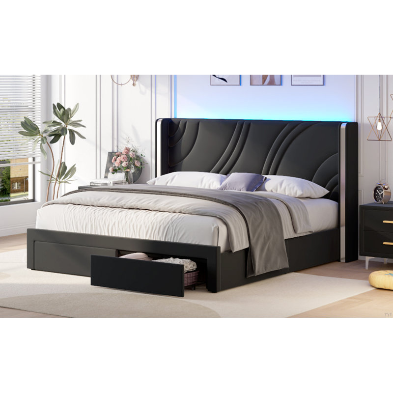 Upholstered LED Bed Frame with Storage Drawers and Wingback Headboard, Beige, Queen
