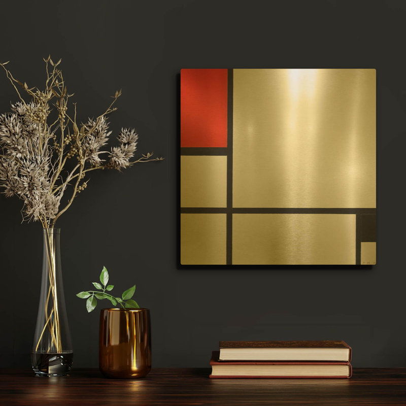 «Composition No. I, with Red and Black, 1929» par Piet Mondrian, art mural en métal doré, 12 po x 12 po, 12 po x 12 po