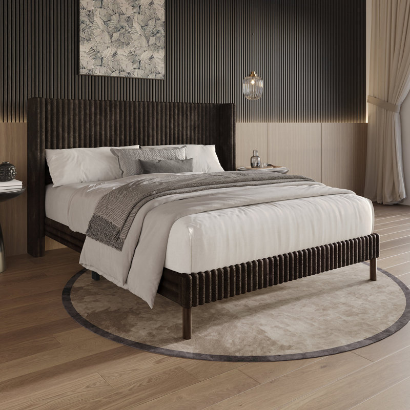 Velvet Upholstered Wingback Bed, Brown, King