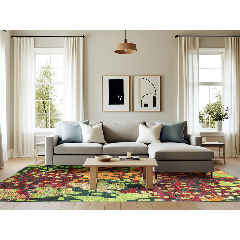 Tapis de zone rouge/vert/orange contemporaine, Rectangle 6 pi x 9 pi