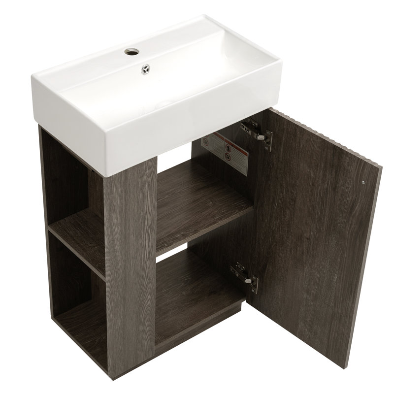 Meuble-lavabo simple autoportant de 21,6 po avec lavabo en céramique et rangement ouvert à gauche, Gris foncé