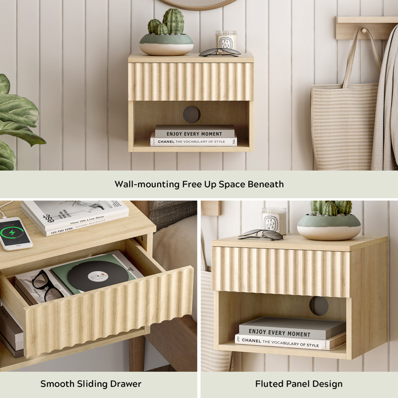 Drawer Wall-Mounted Nightstand With Open Cubby, Set of 3, Light Oak