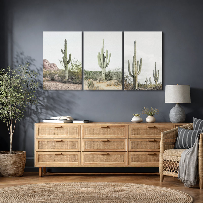 «Cactus Desert», Boho Southwest Landscape, H 36 po x l 72 po, Toile tendue