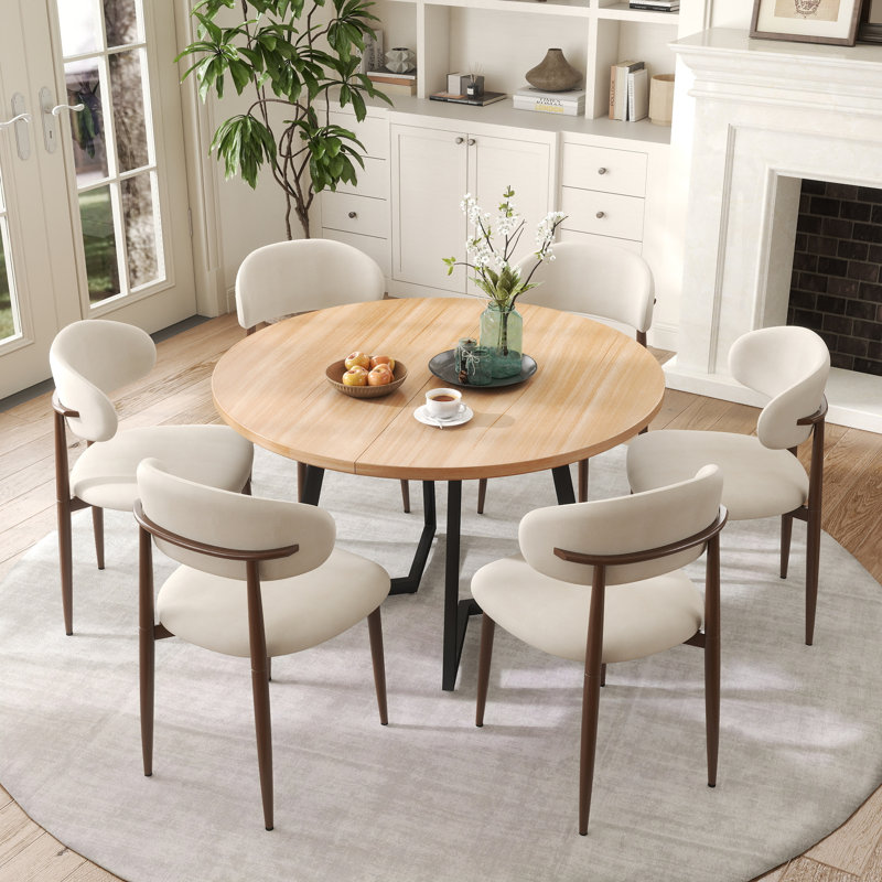 Table de salle à manger ronde en bois avec table à manger en bois pour 4 petits espaces, 7 pièces : table, 6 chaises, Naturel