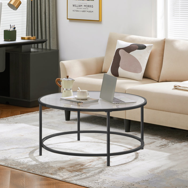 Table basse ronde en verre Cellestine, Noir, H 18 po x L 27,6 po x l 27,6 po